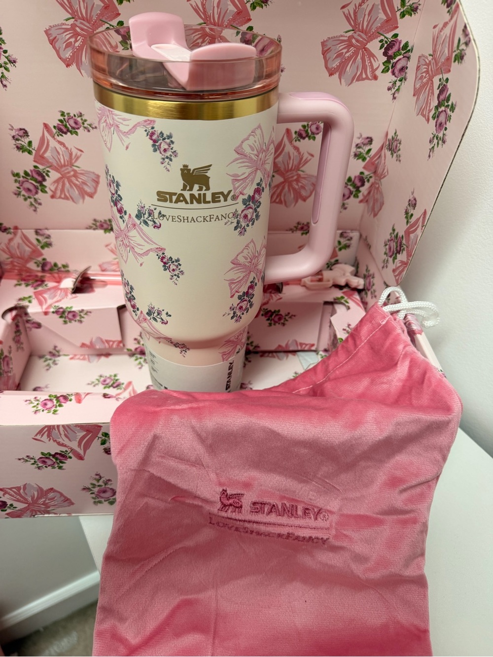LoveShackFancy Pink & White Floral Stanley Travel Mug with Pink Handle